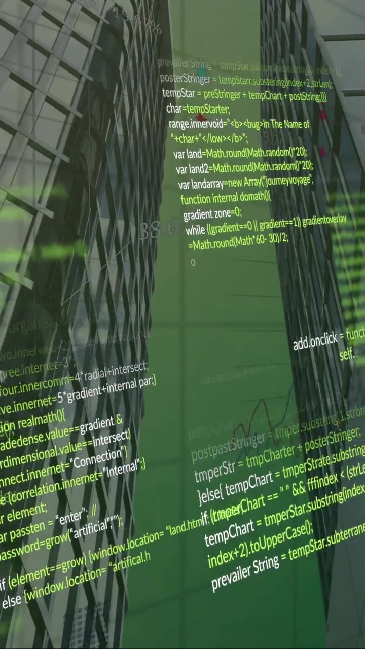 Animation of financial data processing over bank buildings