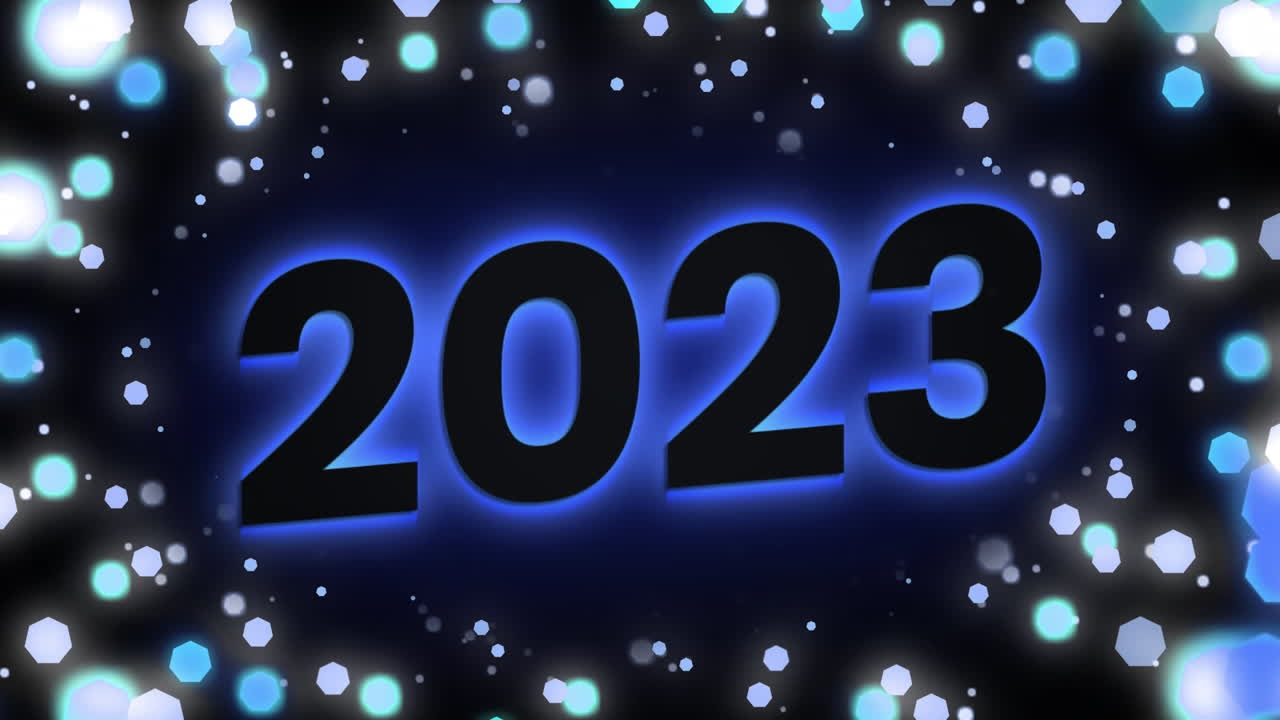 Animazione del testo "2023" con luci tremolanti su sfondo nero