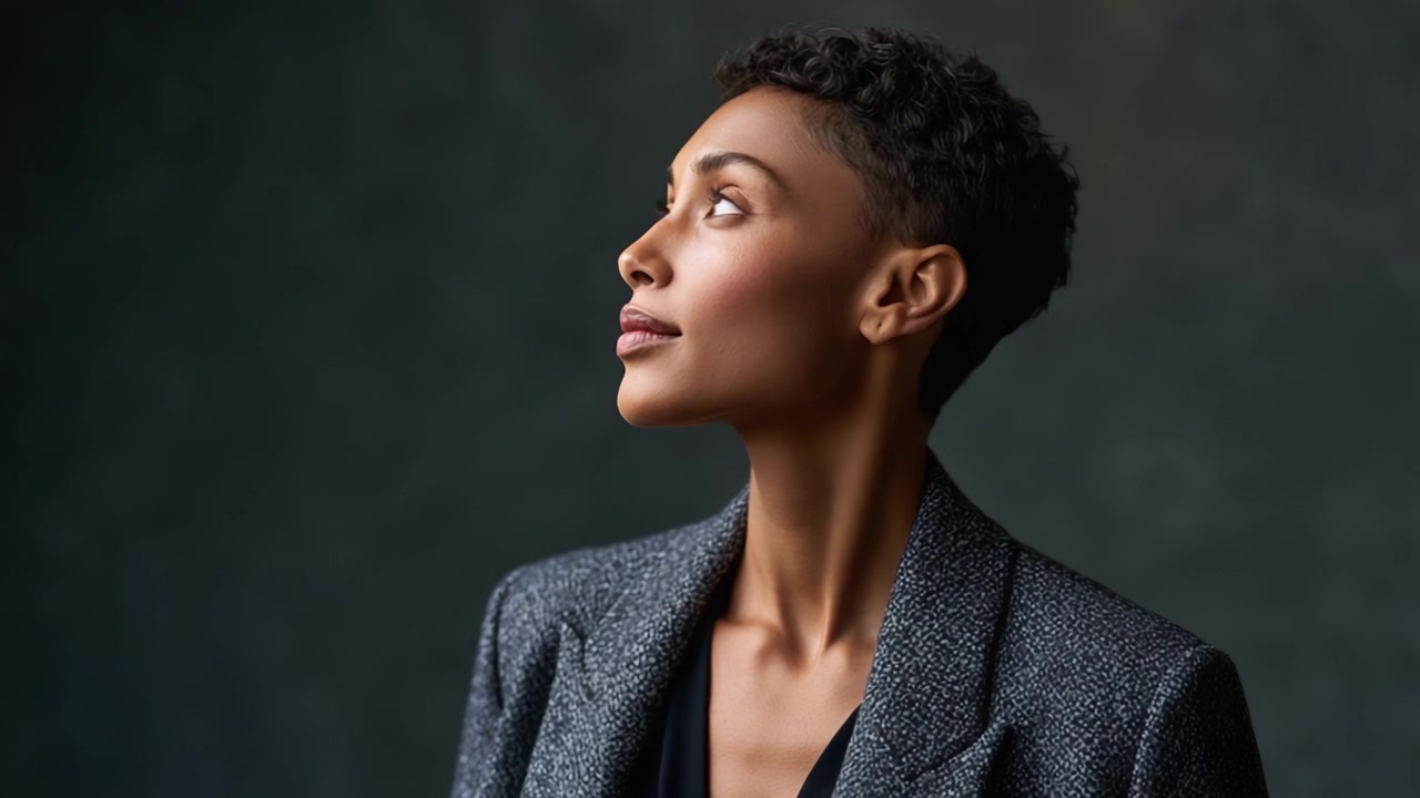 L'élégance incarnée : Profil captivant d'une femme confiante en blazer élégant sur un fond sombre subtil, soulignant la grâce et l'aplomb dans la mode moderne.