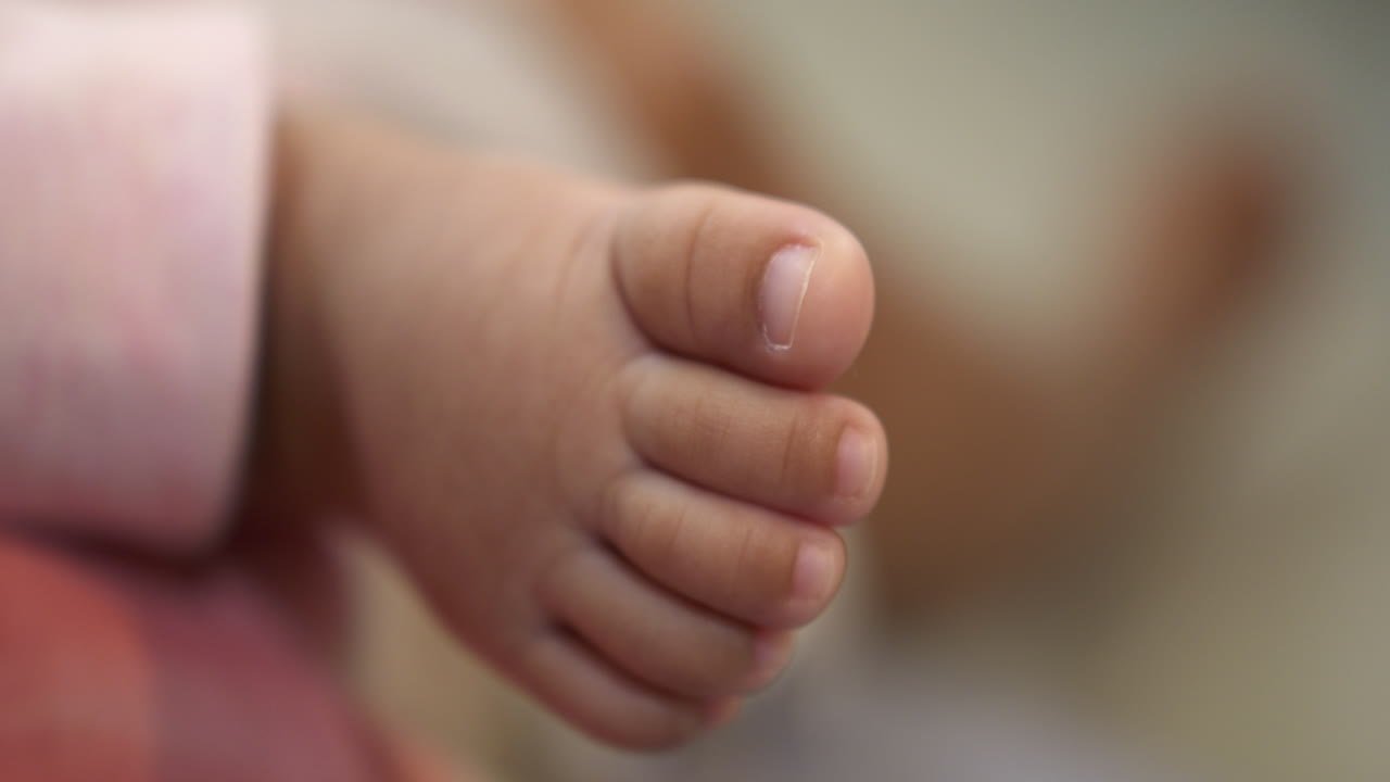 An up-close view of a baby’s feet with perfectly arranged toes, showcasing the child's good health and natural development. Great for parenting and baby care topics.