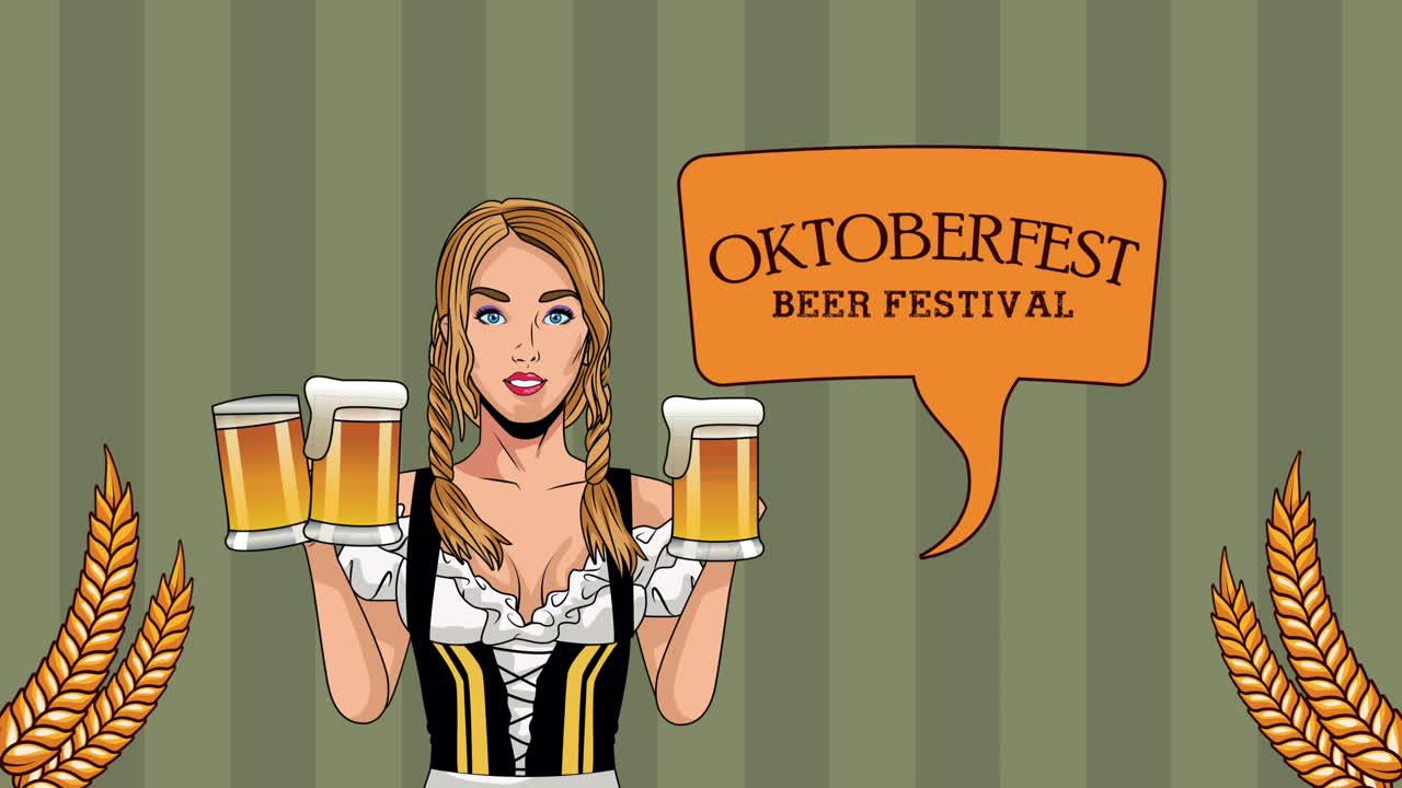 섹시한 소녀가 맥주를 들어 올리는 행복한 oktoberfest 축제 애니메이션