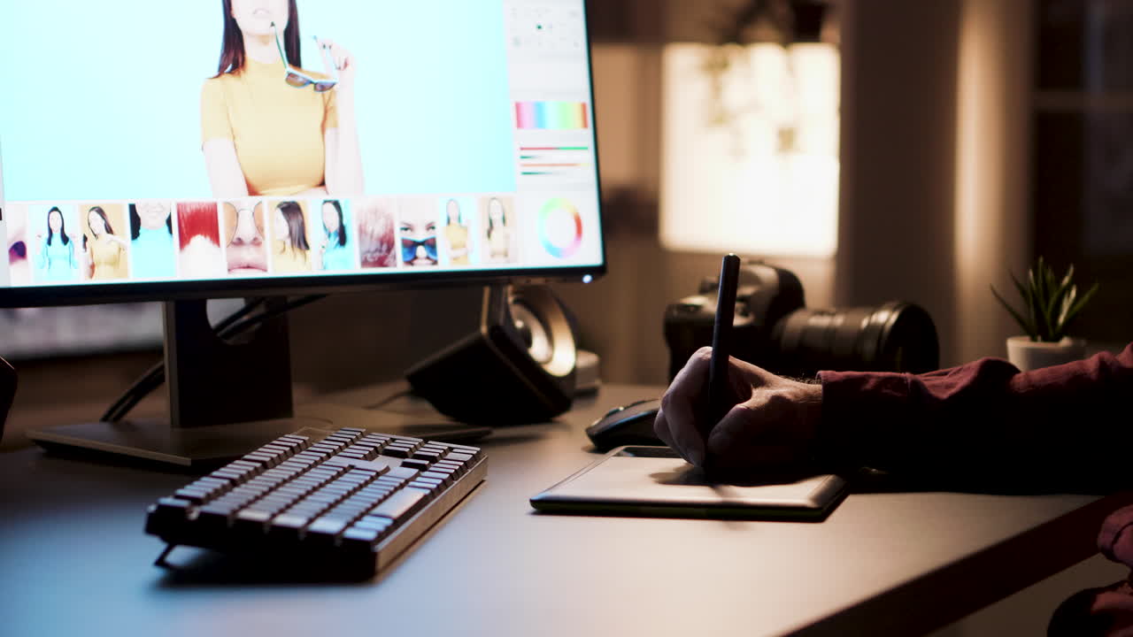 Photo Editing Workspace with Graphic Tablet and Monitor