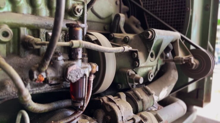 Working old emergency diesel generator with a rotating pulley and belt