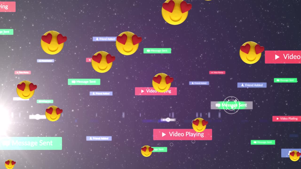 어두운 배경 위에 떨어지는 소셜 미디어 아이콘과 이모지 애니메이션