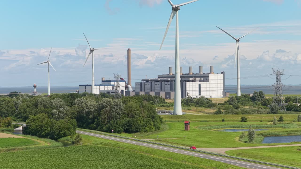 Aerial drone of Eemscentrale gas power plant in Delfzijl near Eemshaven