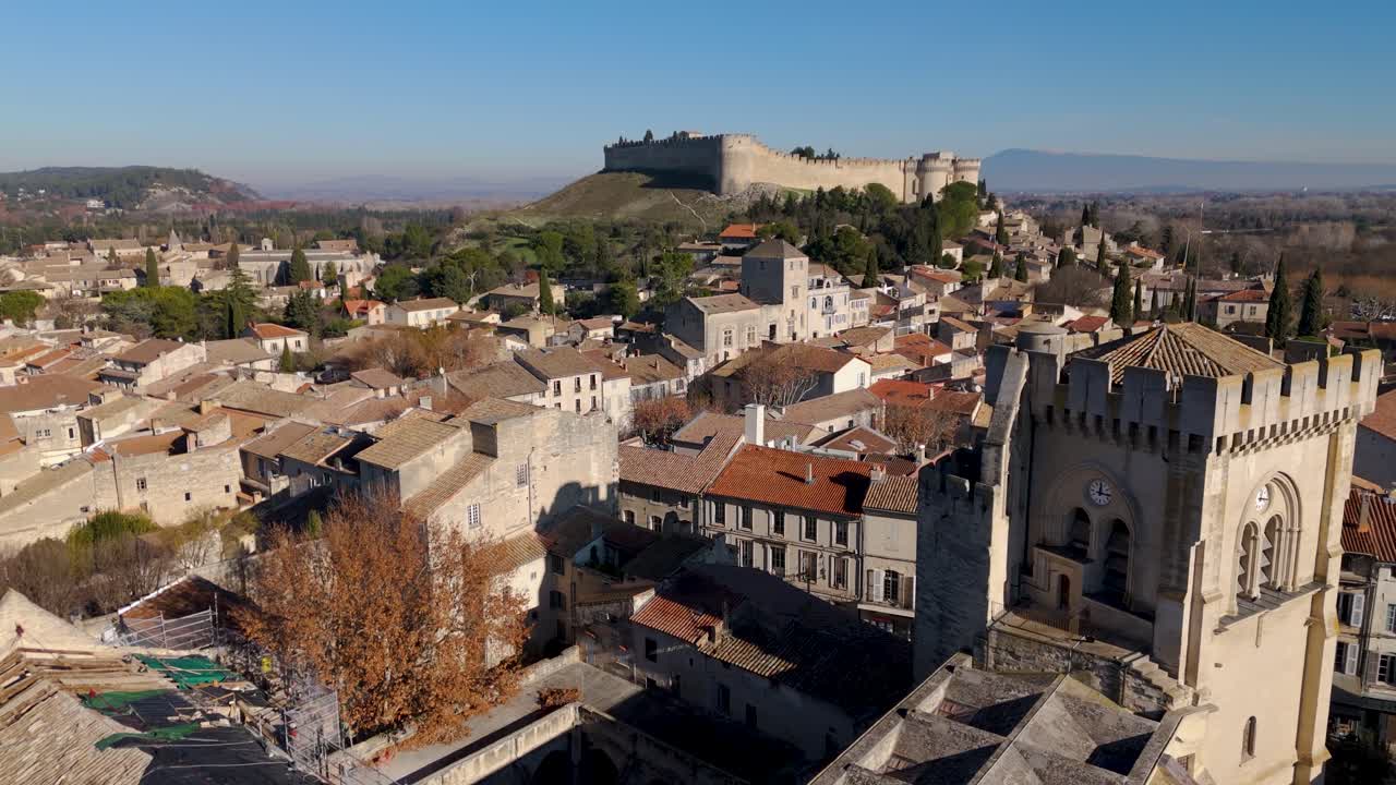 Aerial establishing shot of Fort St André overlooking the surrounding town