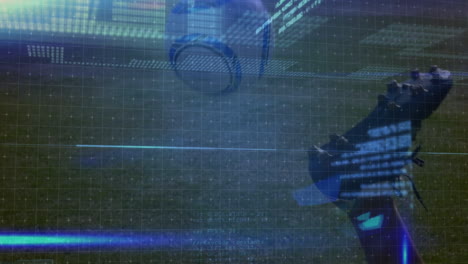 manchas azules de luz contra un jugador de fútbol afroamericano que realiza un ejercicio de elevación de piernas
