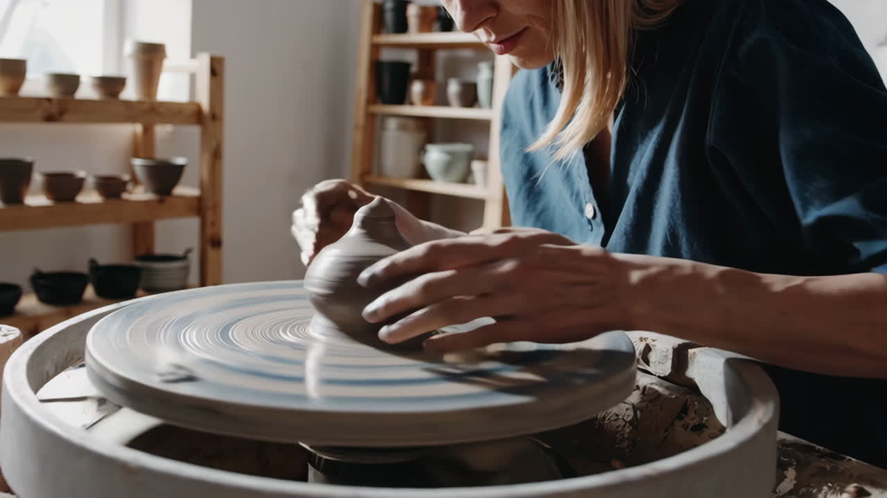 도자기 바 에 점토 를 형성 하는 여자