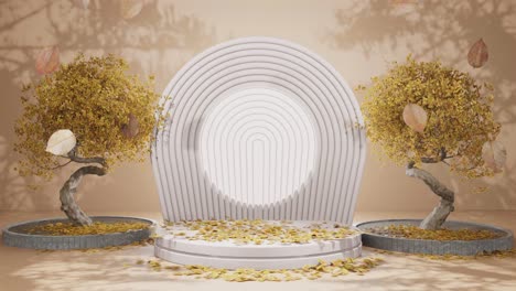 autumnal serenity: sculptural trees amidst circular white benches yellow background podium mockup product