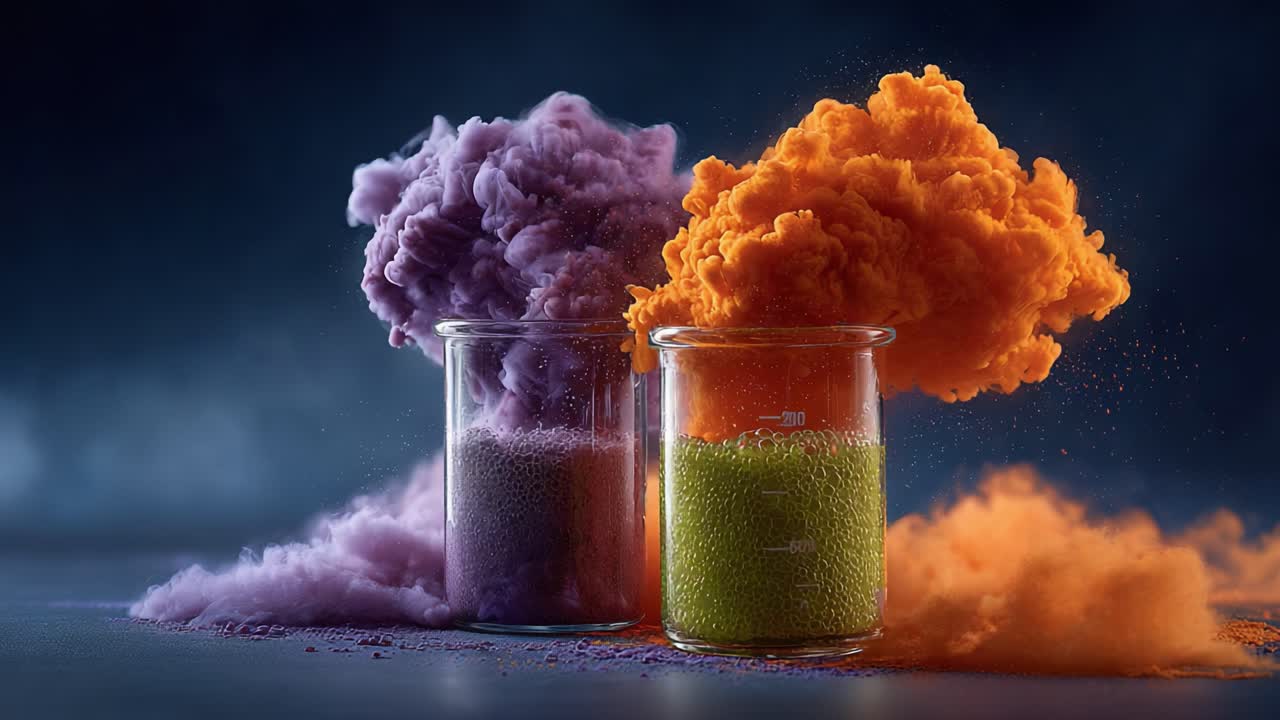 Vibrant Chemistry in Action: A Dynamic Display of Colorful Powders and Smoke Erupting from Beakers, Showcasing the Magic of Scientific Reactions and Experimentation