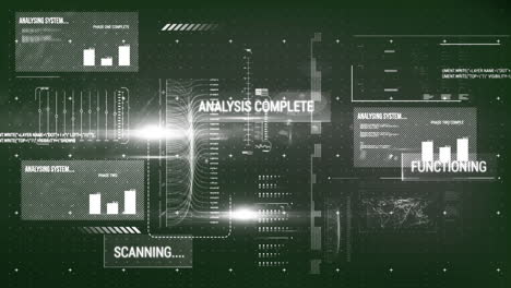 animation of texts, graphs and moving lines over lens flares and computer language
