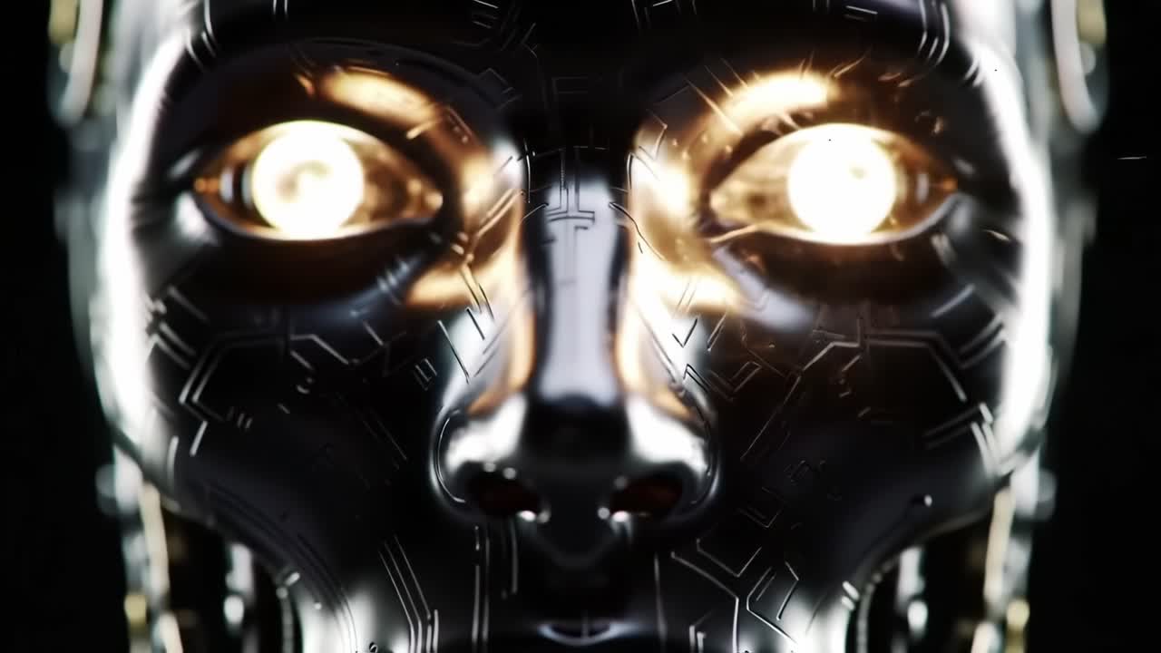 Intricate Close-Up of a Futuristic Cybernetic Face, Showcasing Glowing Eyes and Detailed Circuit Patterns, Illustrating Advanced Artificial Intelligence Integration and Technology