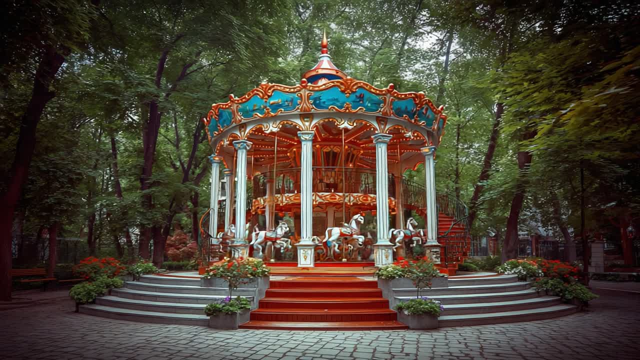 A stunning carousel adorned with vibrant colors stands majestically within a lush park, surrounded by verdant trees and blooming flowers, inviting joy and nostalgia