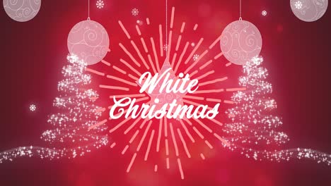 Animation-of-white-christmas-text-over-christmas-trees-and-baubles