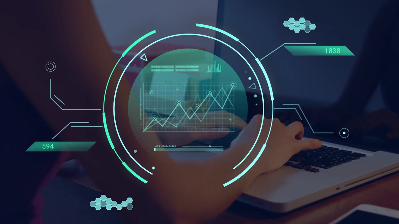 Woman typing and moving on laptop causing HUD updating chart and advancing bar while analyzing data
