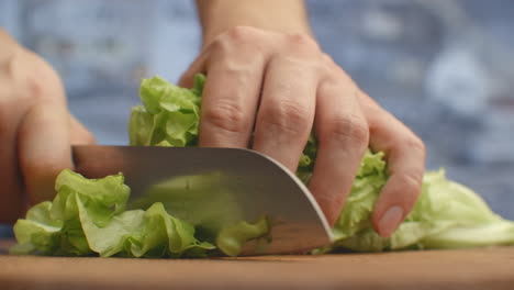 cortar las hojas de lechuga en un tablero de madera de cerca.