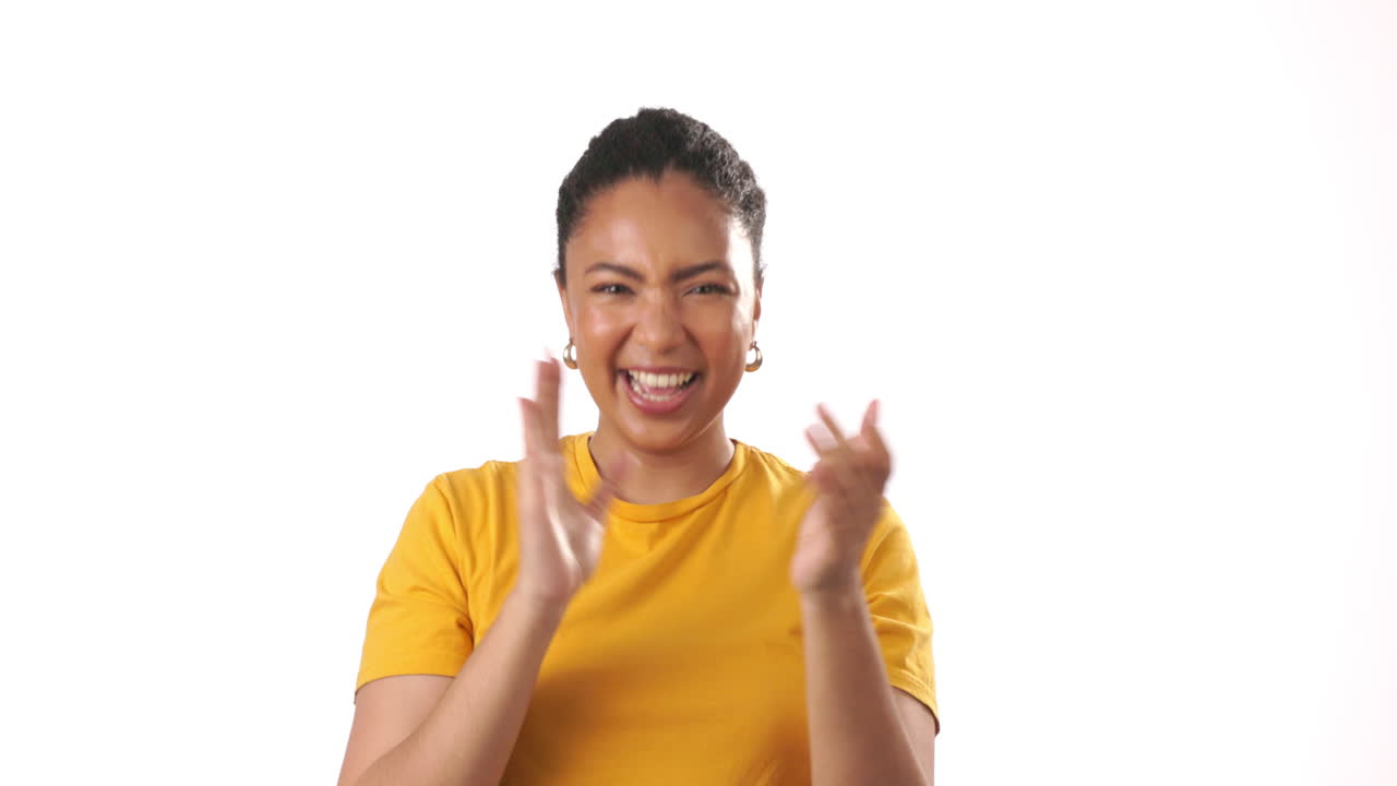 Woman, face and fist pump, cheers