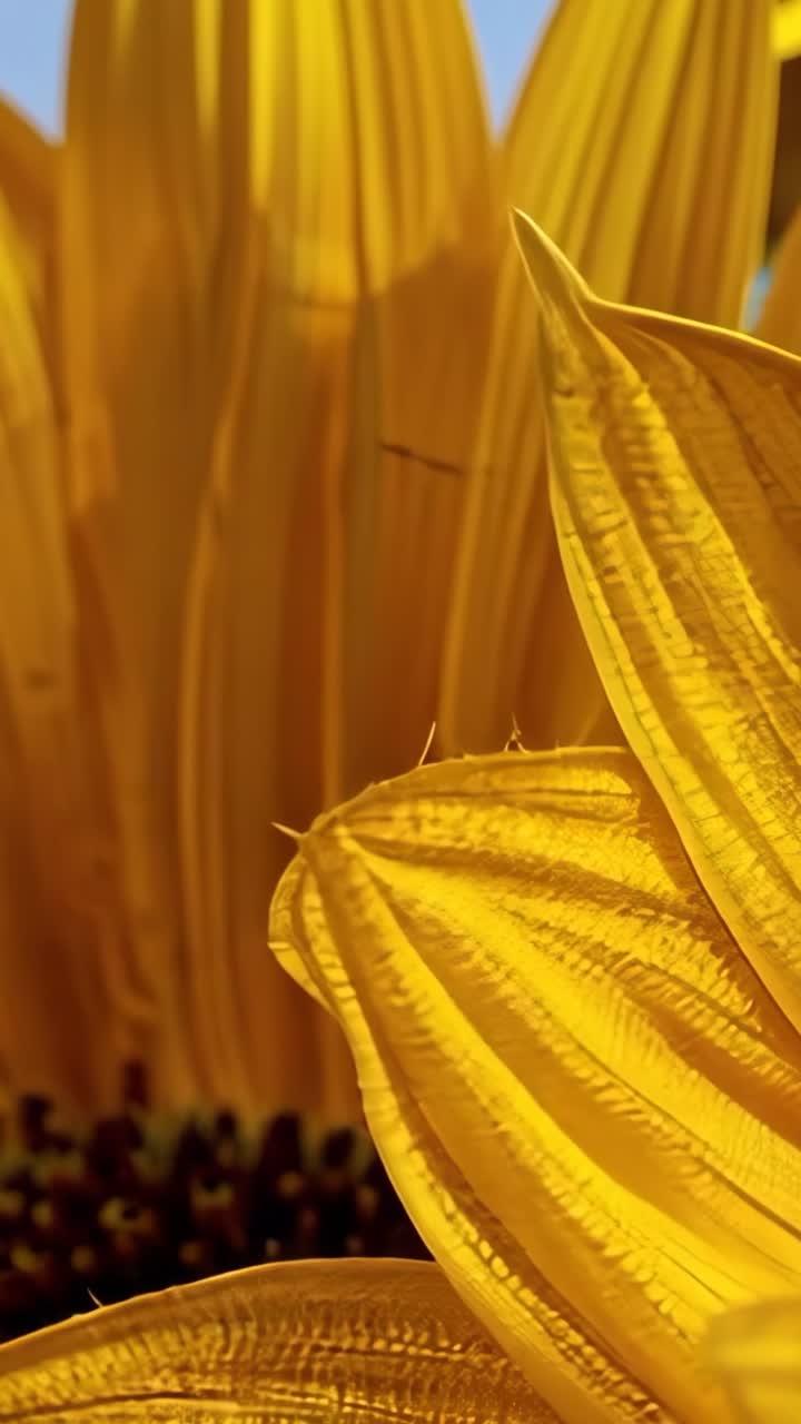 Vertical video: Starting camera panning from sunflower petal to bloom in field, revealing disk