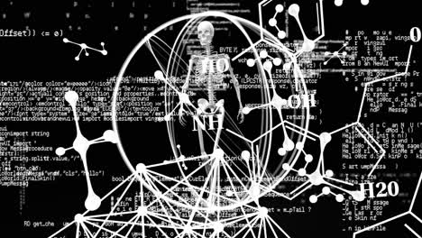 animation of chemical formulas and human skeleton over data processing