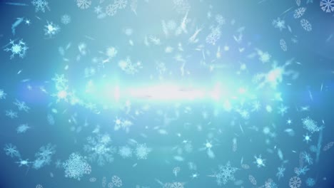 Animación-De-Copos-De-Nieve-Que-Caen-Y-Luz-Brillante-Sobre-Fondo-Azul