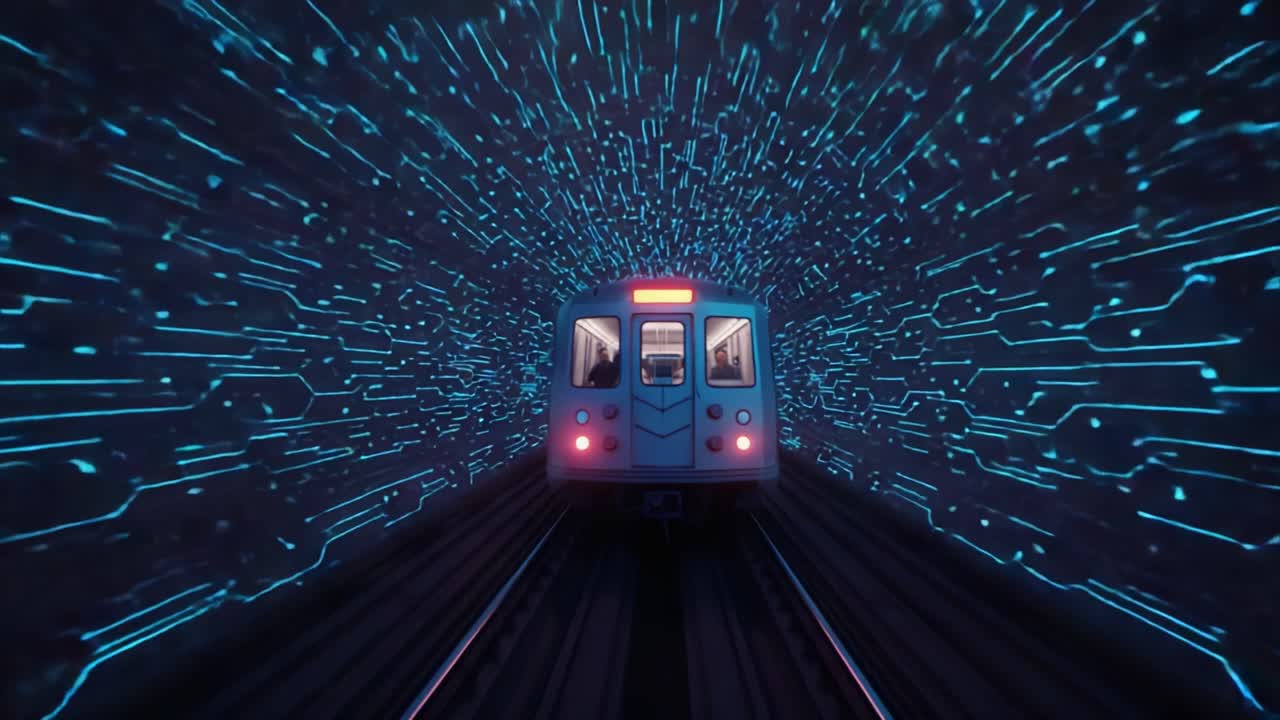 A Futuristic Journey Through a Neon-Infused Tunnel: The Intricate Dance of Light and Motion Capturing a Train Progressing Through a Vibrant Circuitry Passage
