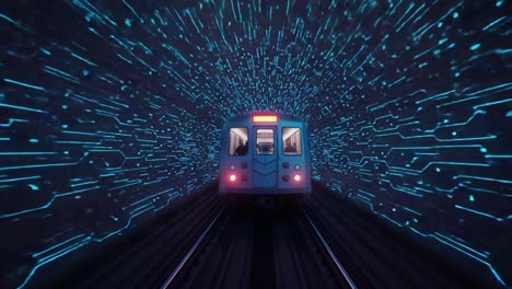a futuristic journey through a neon-infused tunnel: the intricate dance of light and motion capturing a train progressing through a vibrant circuitry passage