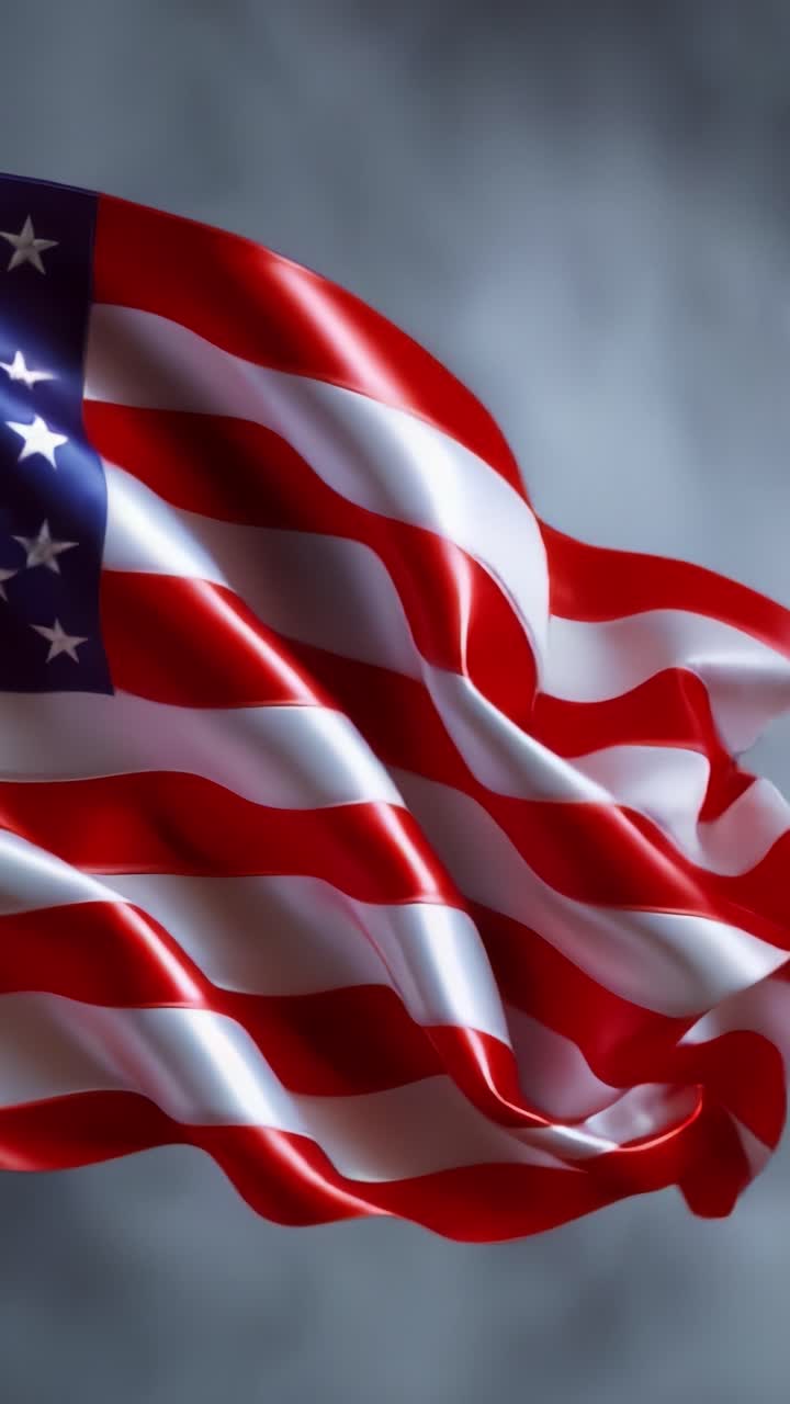 Bendera Amerika yang megah berkibar anggun dengan latar belakang yang sedikit buram, melambangkan kebebasan, patriotisme, dan kebanggaan nasional dengan warna-warna cerah dan gerakan yang mengalir.