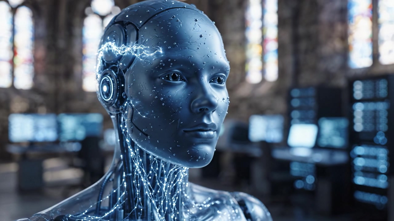 A futuristic humanoid robot with intricate digital circuitry and glowing elements, set against a backdrop of advanced technology in a multi-monitor environment.
