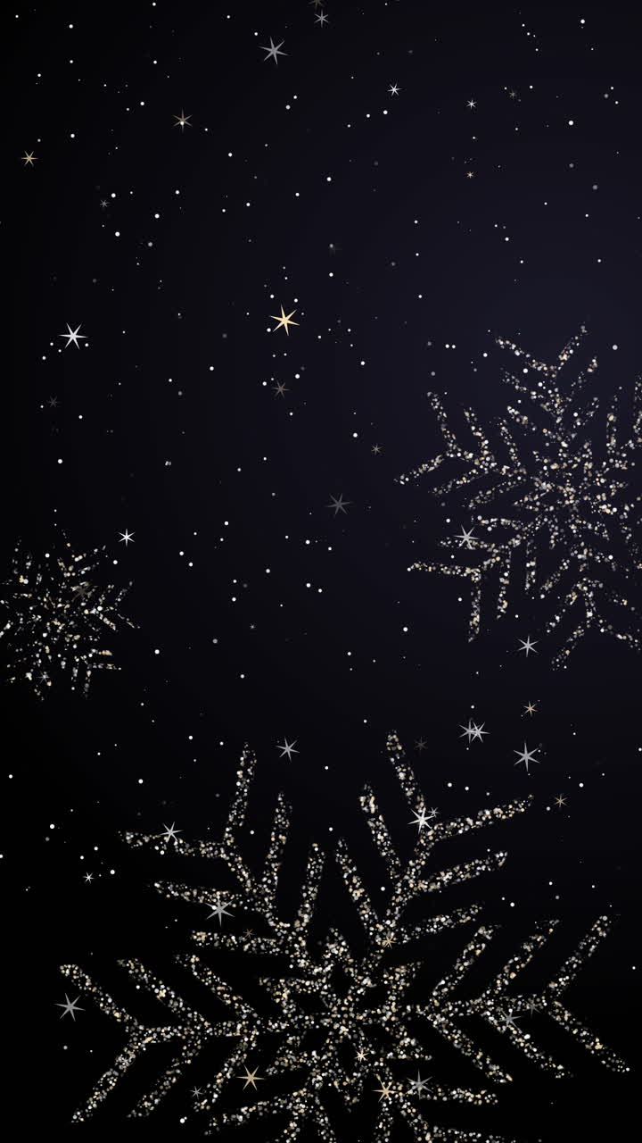 Sparkling snowflake with shimmer glitter texture on dark background. Merry Christmas and Happy New Year. Loop animation. Vertical video.
