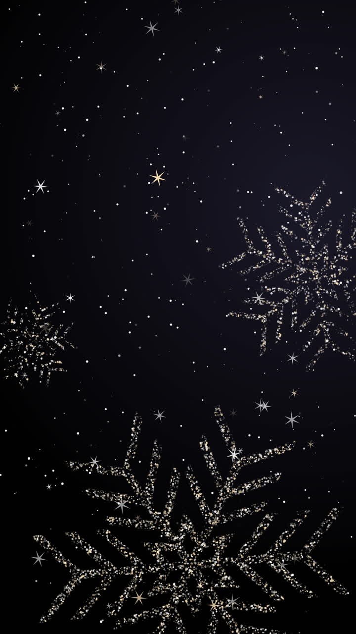 Sparkling snowflake with shimmer glitter texture on dark background. Merry Christmas and Happy New Year. Loop animation. Vertical video.