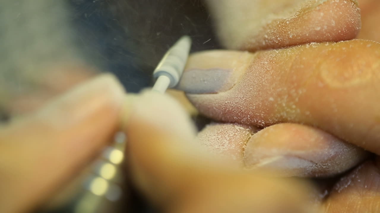 Professional technician grinding machine. Manicurist applying electric nail file drill to manicure on female fingers