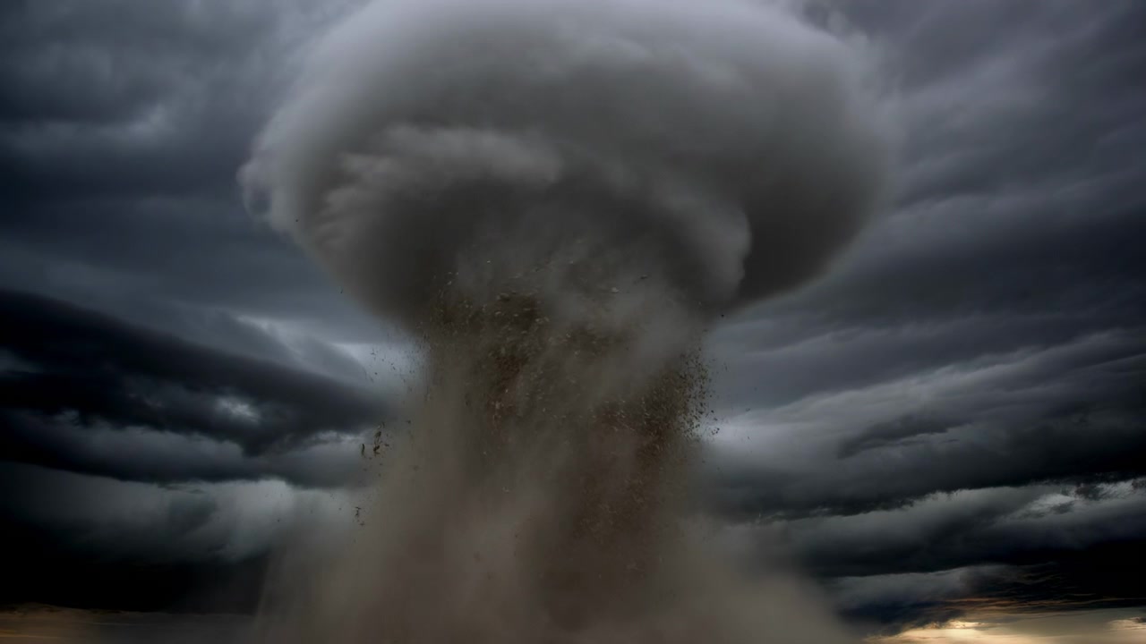En massiv eksplosion bryder ud i midten af scenen og sender en tårnhøj paddehattesky af røg, støv og murbrokker op i en mørk, stormfuld himmel med dramatisk lav belysning og en ildevarslende atmosfære.