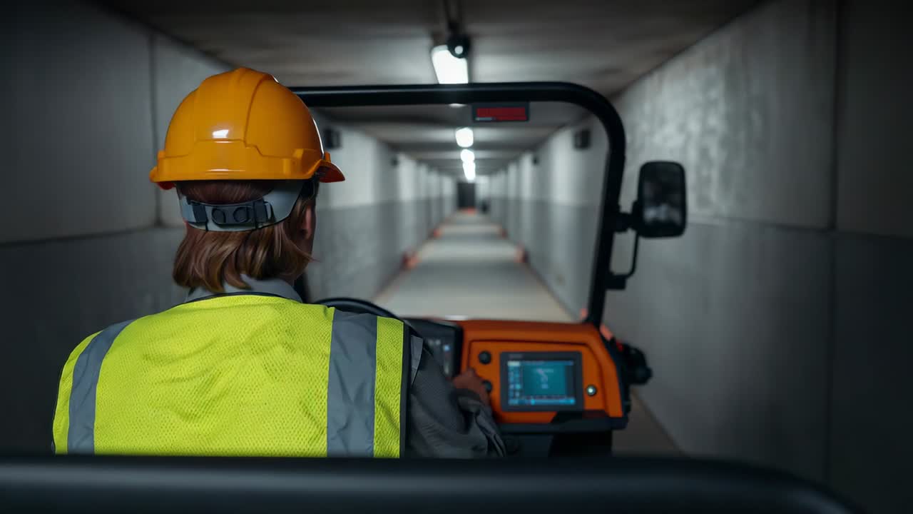 Motore che si avvia, operaio con casco giallo e giubbotto che guida un veicolo di servizio nel tunnel, controllando il cruscotto.