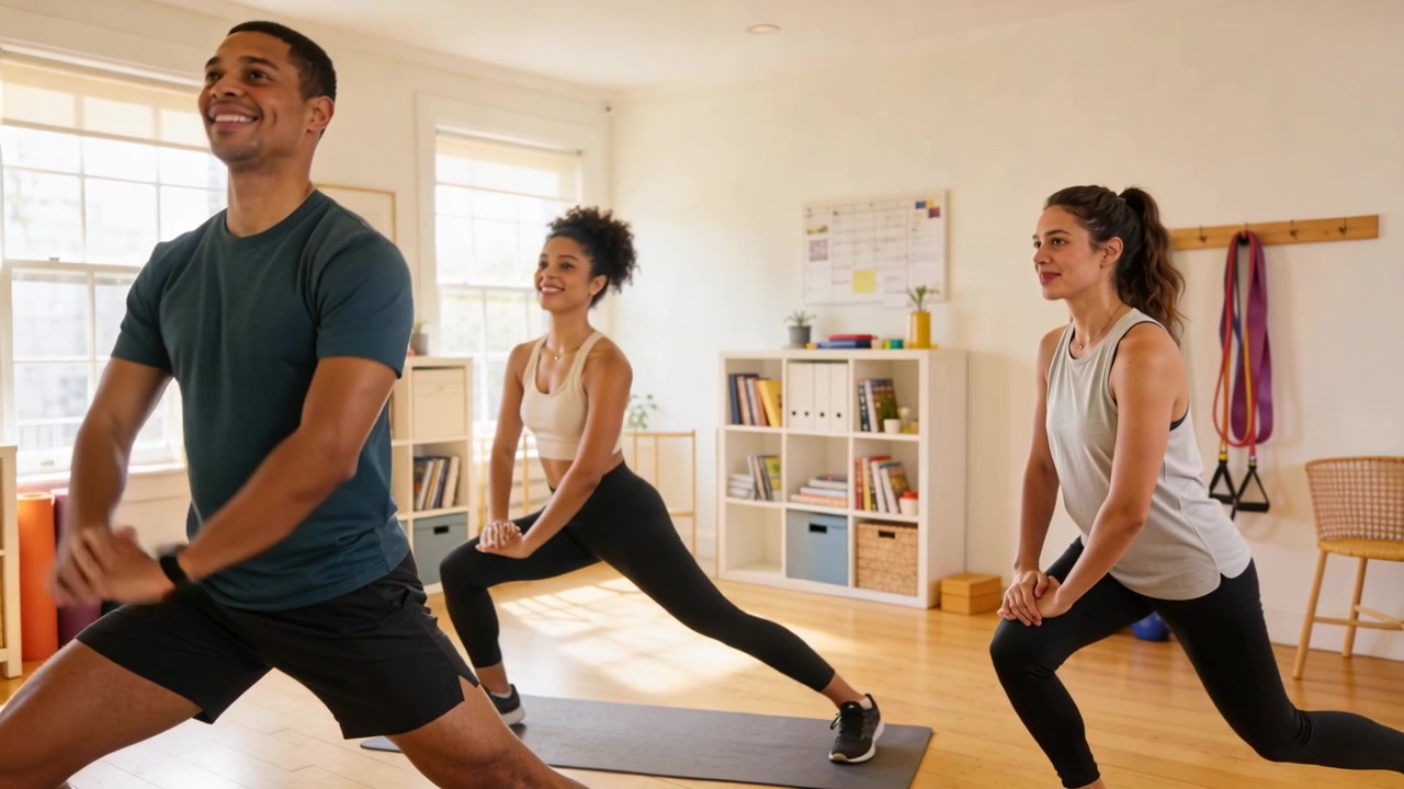 Warm-up starting, male and two women performing lunges in home studio with mats, wearing sportswear