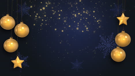 christmas blue background with shining golden snowflakes, stars and balls. merry christmas greeting card. holiday xmas and new year poster. loop animation.