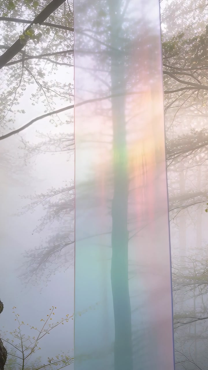 Vertical video: Panning camera showing tall tree trunk in foggy woodland iridescent strips shifting