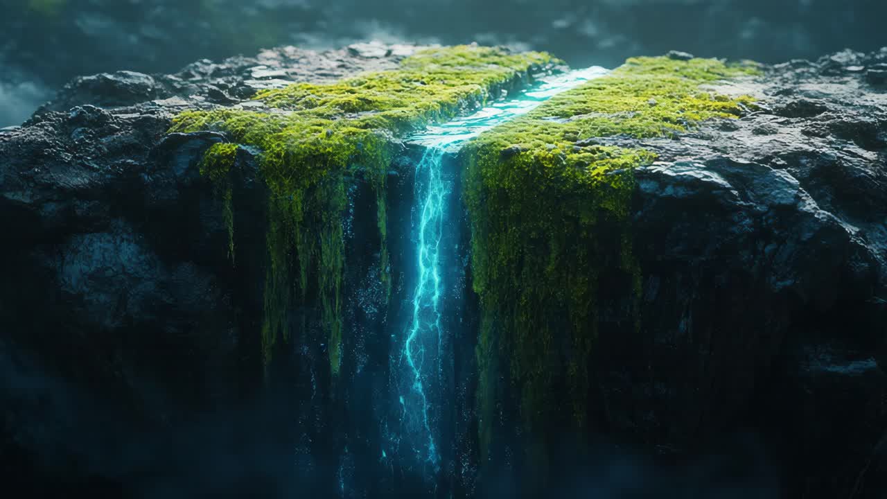 Mystical Waterfall Cascading Over Moss-Covered Rocks