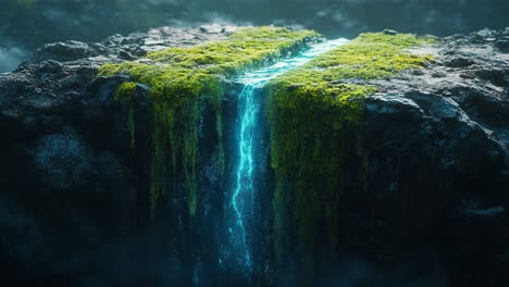 mystical waterfall cascading over moss-covered rocks