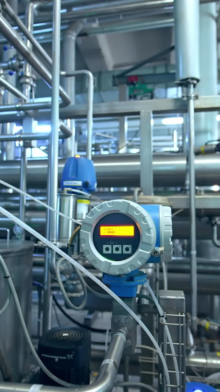 Stainless industry butter producing. Steel cheesemaking factory equipment. Vertical video