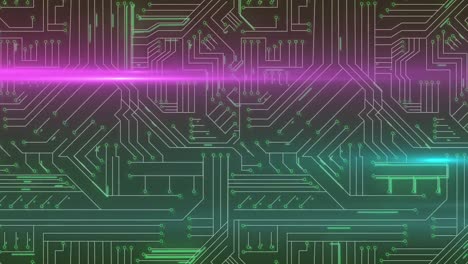animación de rastros de luz sobre una placa de circuito de computadora sobre un fondo negro
