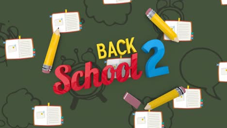 Animation-of-back-2-school-text-over-school-items-icons-on-green-background