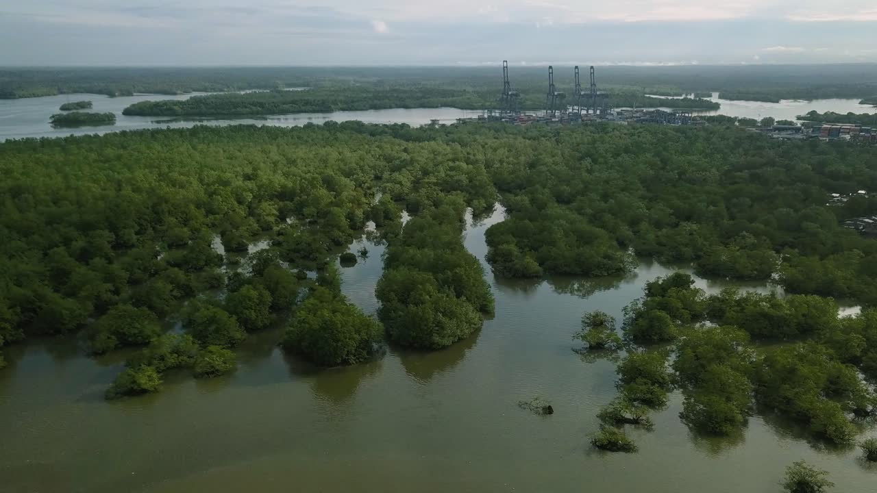 Aerial over estuaries and big port in Buenaventura, Colombia