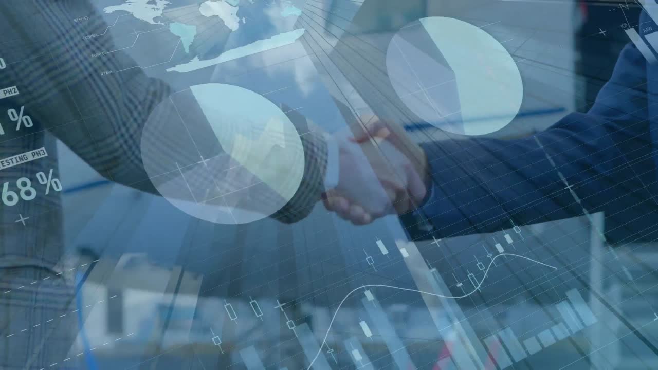 금융 데이터 처리의 디지털 구성 비즈니스 사람들의 중간 섹션에 대항하여 손을 흔들고