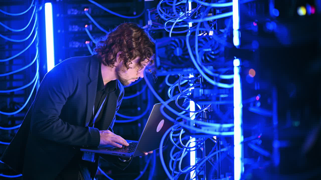 Man analysing data in a server room