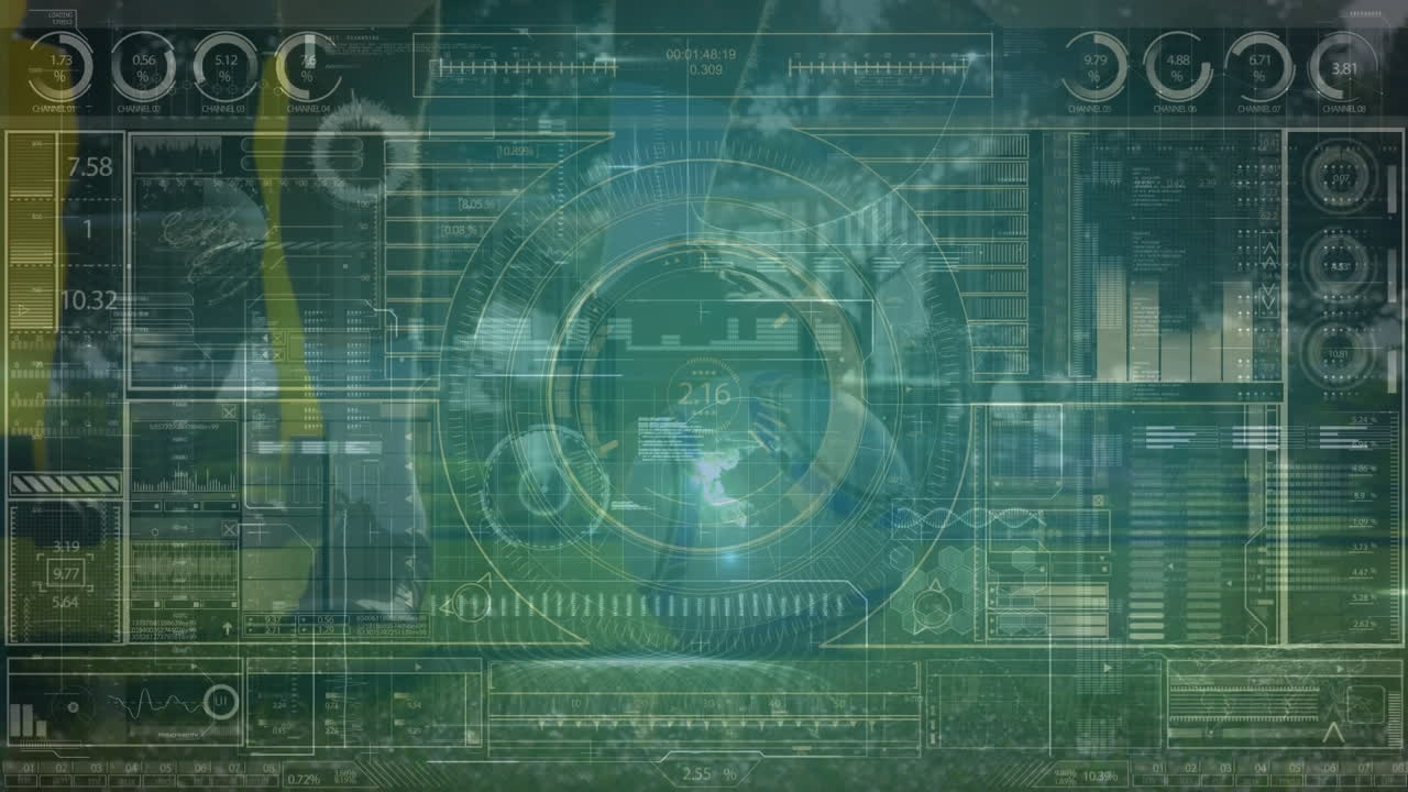animación del procesamiento de datos sobre un jugador de fútbol caucásico en el estadio