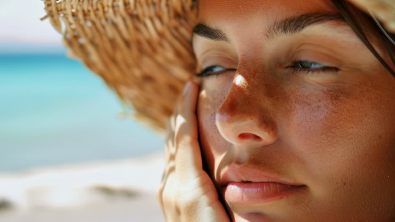 Close-up video still of a woman in a sun hat gazing at the ocean