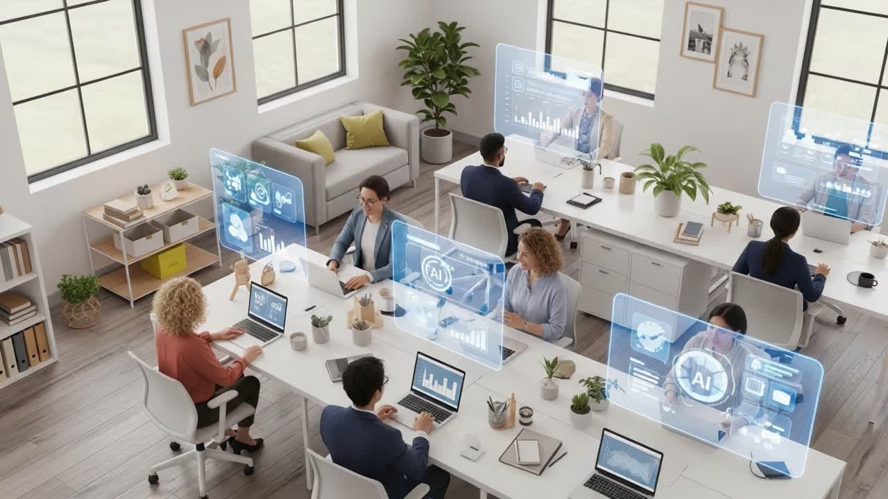 A Modern Office Space Featuring Collaborative Workstations with Advanced Technology and Professionals Engaged in Digital Task Management and Innovative Data Analysis