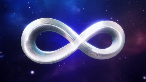 metallic infinity symbol rotates slowly against a backdrop of stars and nebulae, embodying concepts of eternity and endlessness