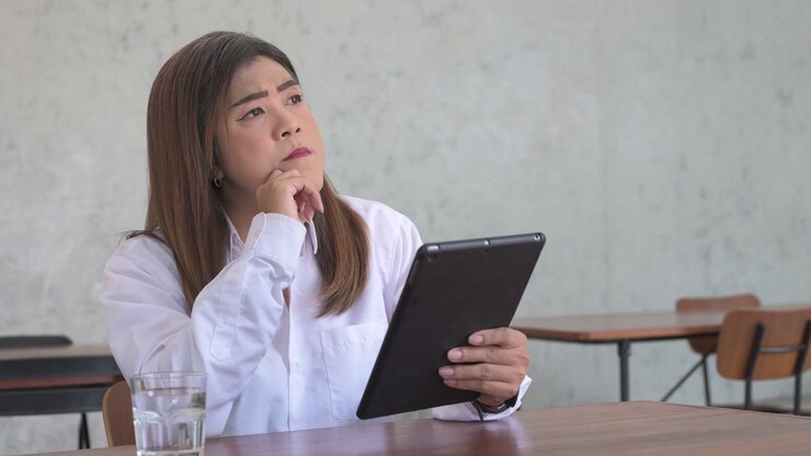 Ritratto di una donna d'affari transgender thailandese pensierosa che usa un tablet