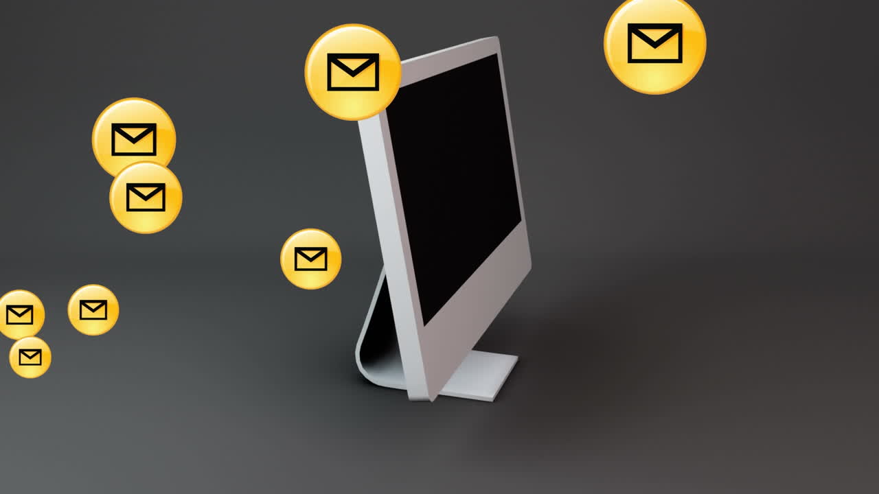 animación digital de múltiples iconos de mensajes en la pantalla de la computadora girando contra un fondo gris